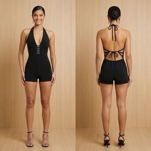 Bebe Black Halter Plunging Backless Romper One-Piece size small spaghetti straps